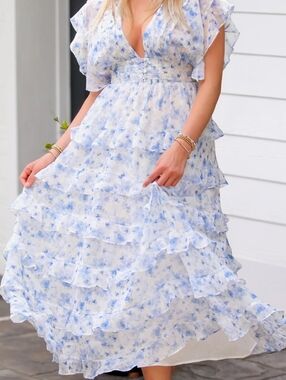 Storia Blue and White Floral Ruffle Maxi Dress